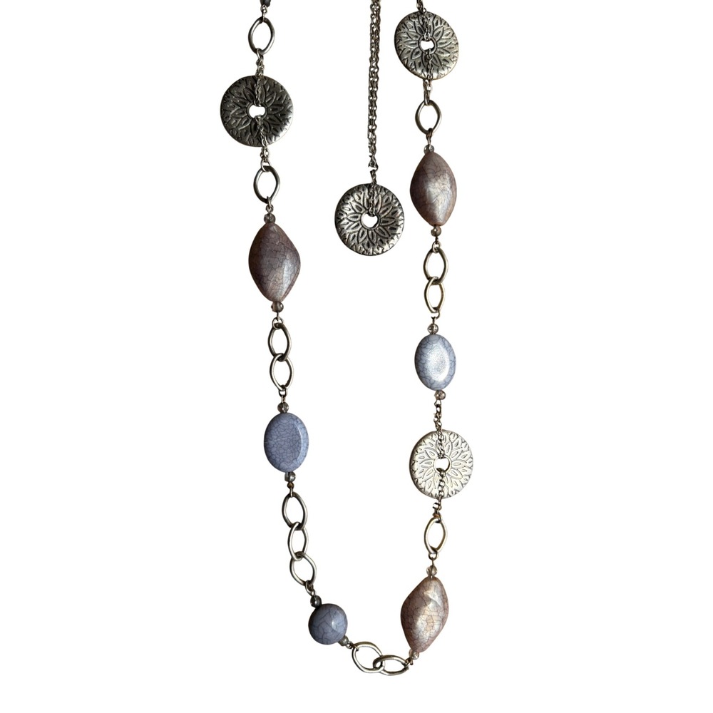 Silver Tone Boho Station Necklace Lavender Blue Crackle Beads Floral Discs Layer